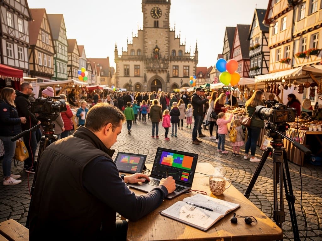 KI-Computer Vision Veranstaltungen auf Stollberg Marktplatz: Kameras analysieren Crowd bei Frühlingsfest, Laptops zeigen Heatmaps vor Rathaus