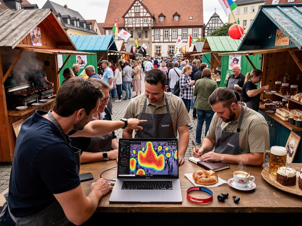 Stollberger Marktplatz beim Stadtfest mit KI-Computer Vision-Dashboard auf Laptop vor Rathaus
