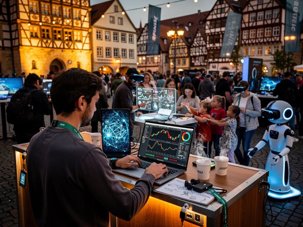 Tech-Fest auf Stollberg Marktplatz mit AI-Robotern, VR-Installationen, Crypto-Displays und Rathaus bei Dämmerung