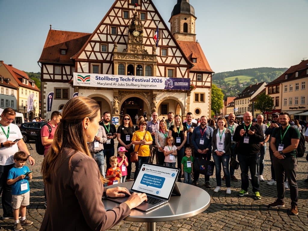 Tech-Festival vor Stollberg Rathaus mit KI-Demos, LED-Schwibbögen und Networking-Ständen