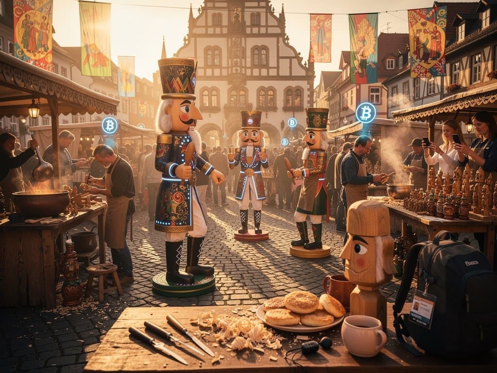 AI-Nussknacker tanzen auf Stollberg Marktplatz mit Folklore-Ständen und Crypto-Elementen
