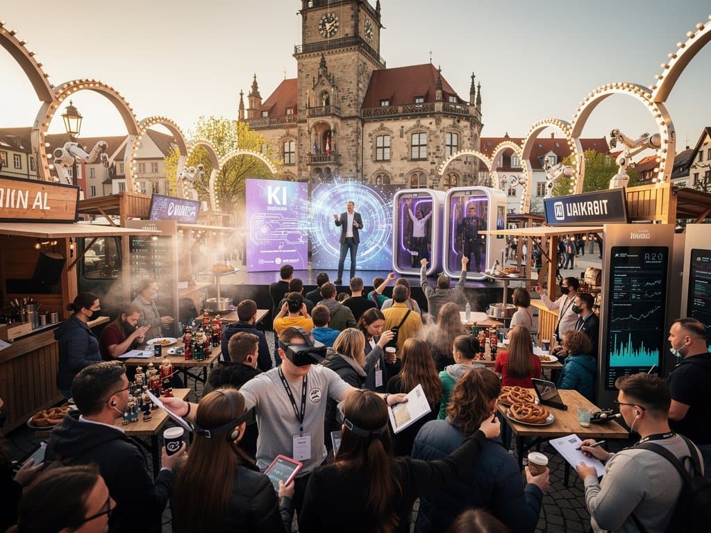 Tech-Festival auf Stollberg Marktplatz mit KI-Robotern, Blockchain-Ständen und Crypto-Displays vor historischem Rathaus