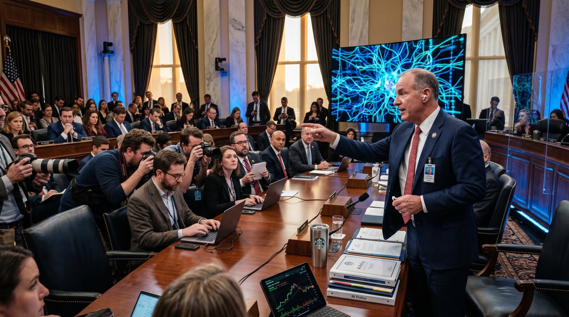 Abgeordnete diskutieren KI-Rundtisch US-Repräsentantenhaus mit Bildschirmen, Crypto-Charts und Journalisten in Kapitol-Sitzungszimmer