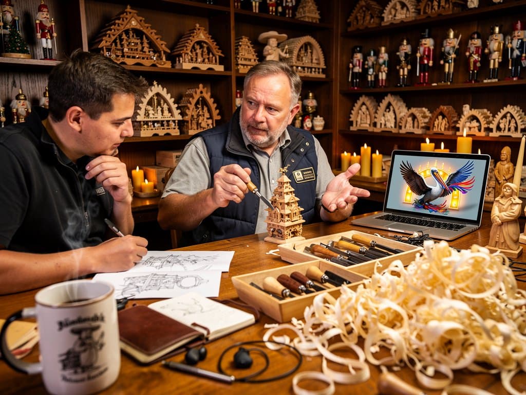 Laptop in Stollberger Werkstatt zeigt Qwen3.6-35B-A3B Pelikan-Design im Erzgebirge-Stil neben Schnitzwerkzeugen und Schwibbogen