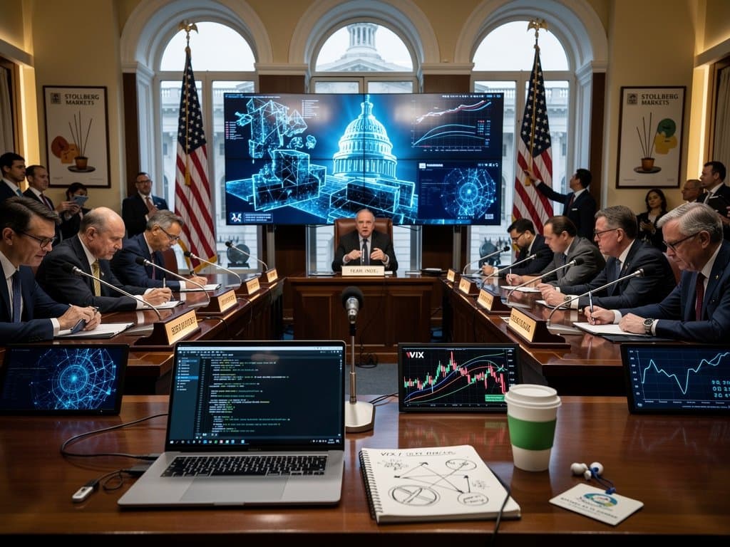 US House hearing room with AI screens, crypto charts, Fear Index 21, and Stollberg tech inspiration elements