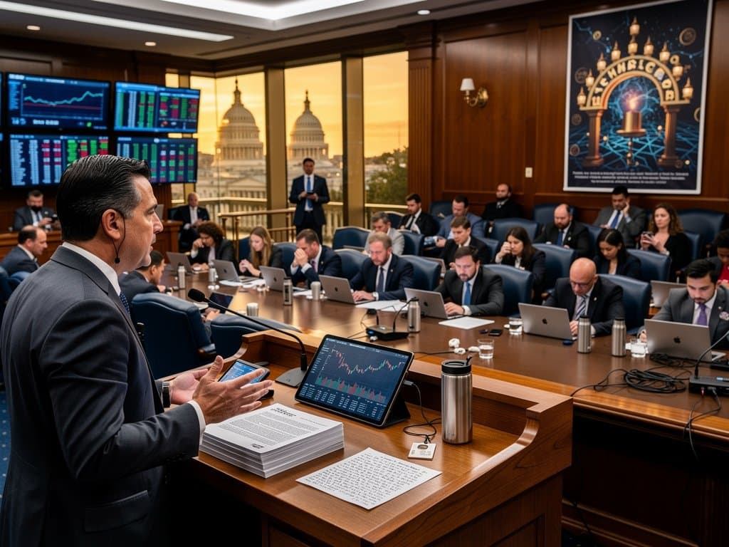 US-House-Hörsaal mit Podium, Tech-Bildschirmen und Krypto-Daten für Stollberg Tech-Feste