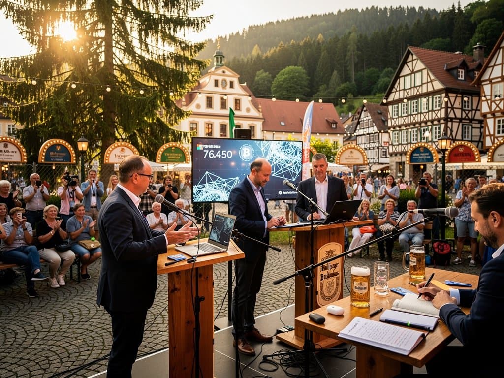 AI-Panel Burlison AI Prosperity Roundtable auf Stollberg Marktplatz mit Crypto-Charts und Festivalatmosphäre im Erzgebirge