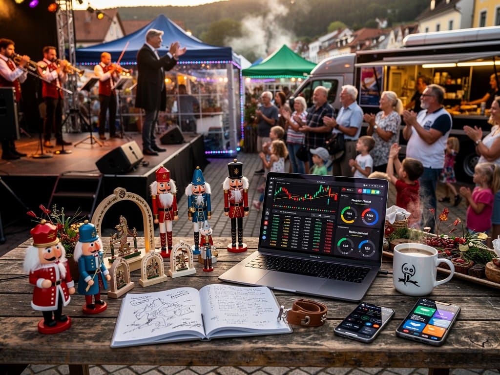 Handwerker auf Stollberg-Festival demonstriert AI Business Training Stollberg mit Crypto-Charts BTC 77.305 USD