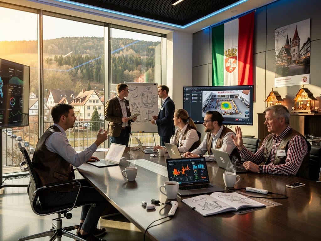 Event-Profis in Stadthalle Stollberg analysieren KI für lokale Feste mit Laptops und Dashboards