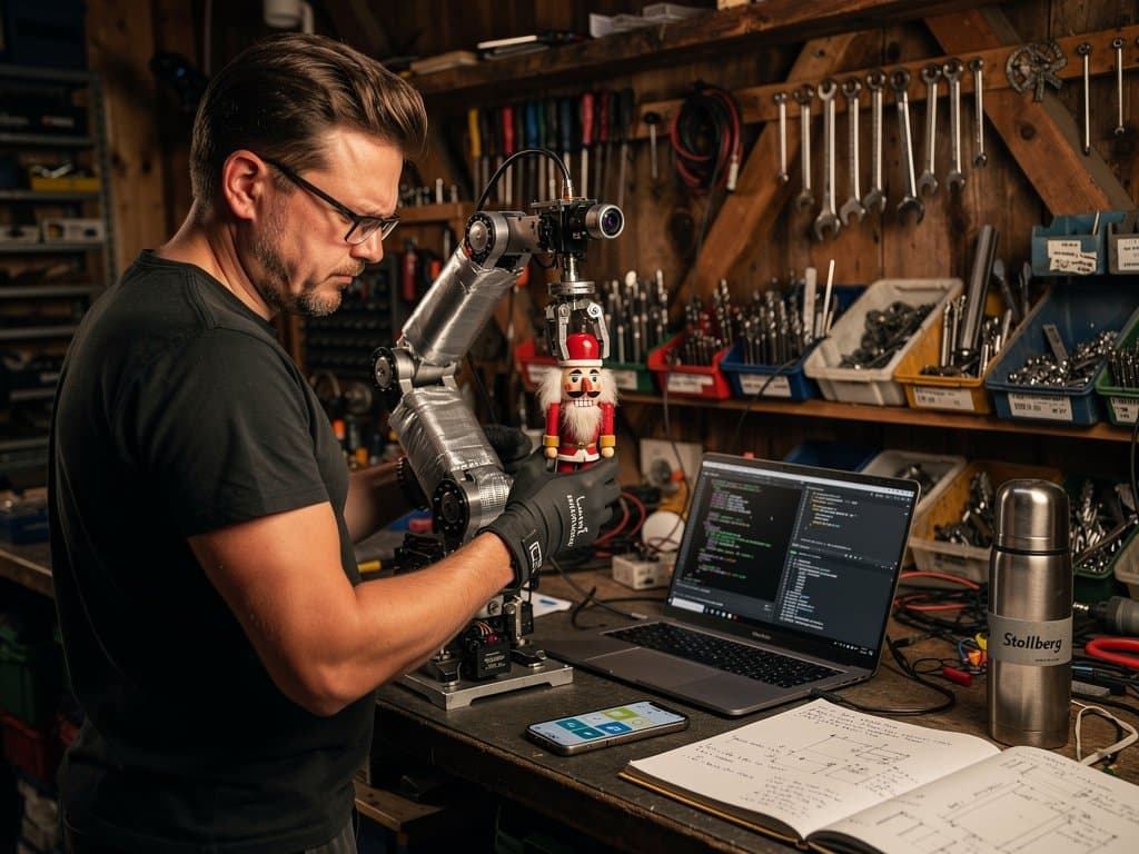 Stollberg Tüftler mit DIY AI-Roboterarm greift Nussknacker in Garage vor Herbstfest