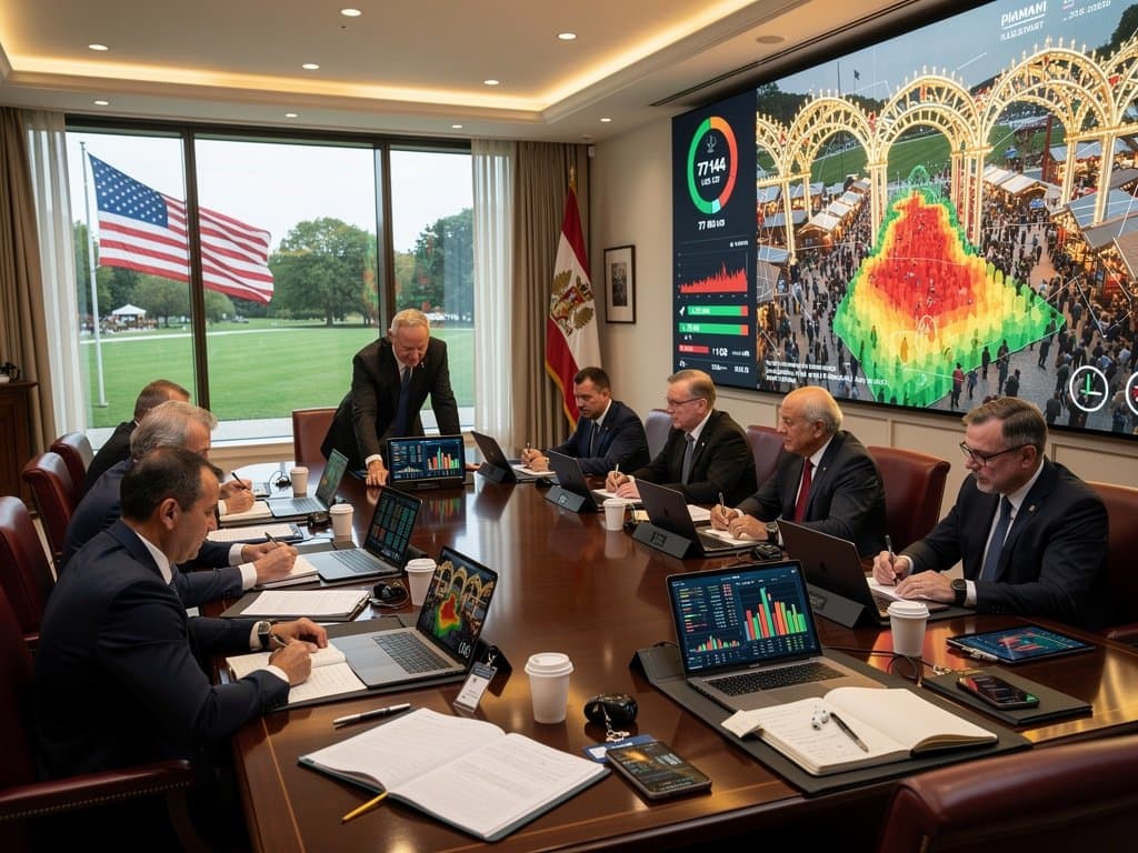 Weißes Haus Konferenzraum mit AI-Simulationen für Stollberg-Feste und Crypto-Charts