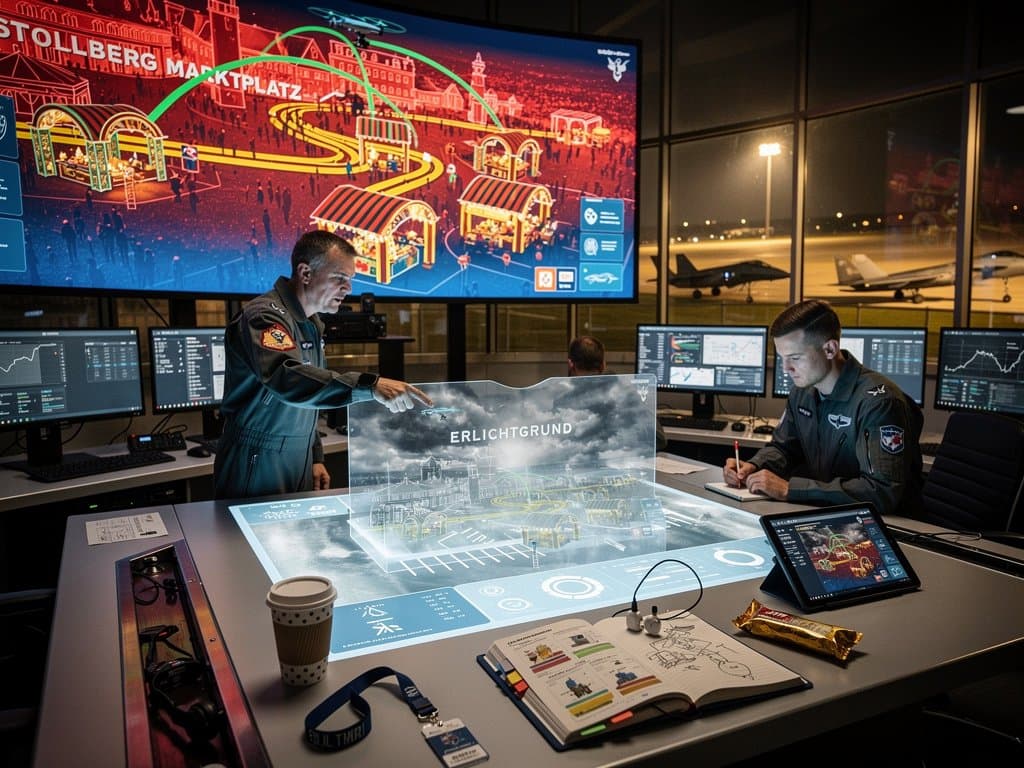 AI-Spezialisten analysieren Logistik-Simulationen auf Riesenwänden in US Air Force Ops-Center mit Heatmaps und Datenfeeds