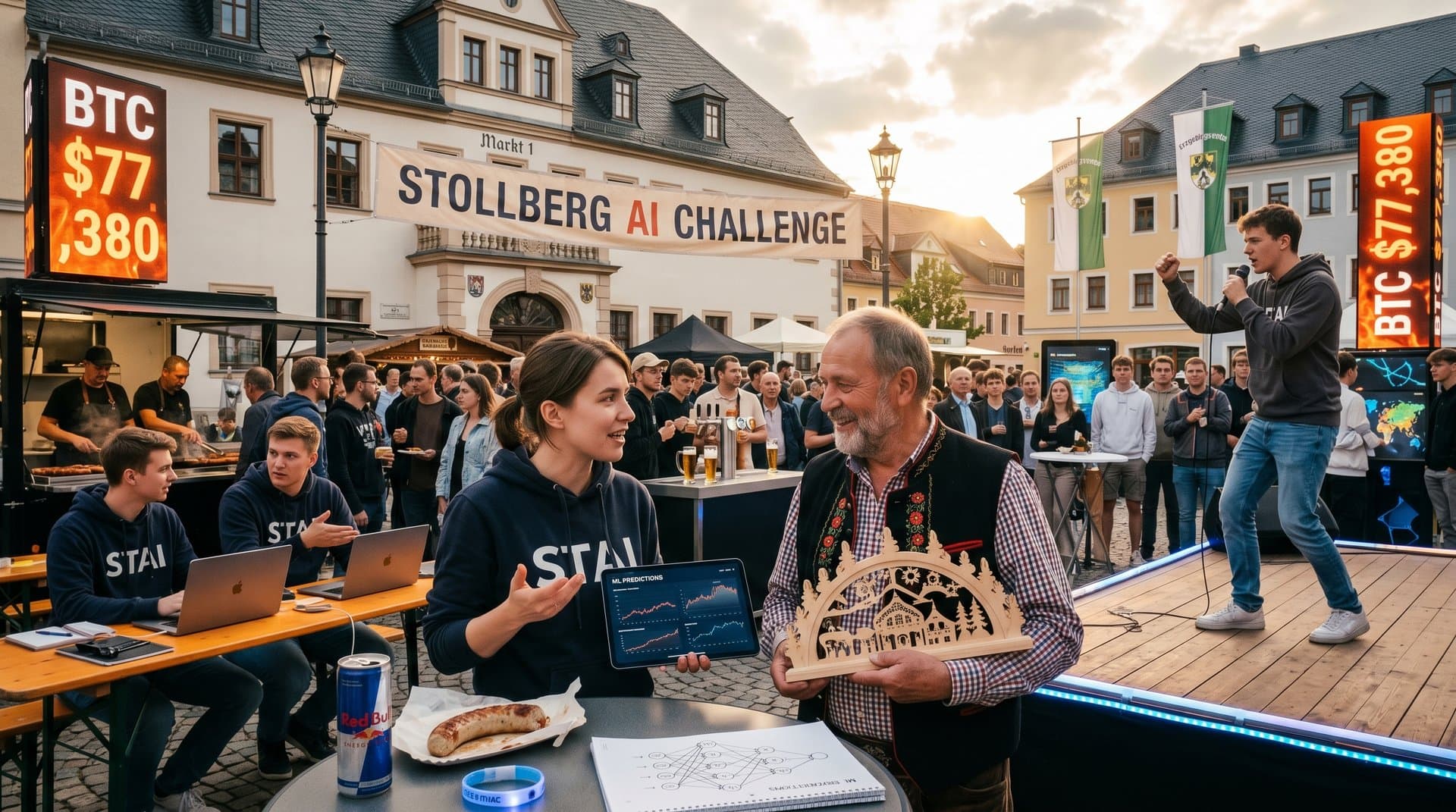Tech-Fest auf Rathausplatz Stollberg mit AI-Demos, Studenten und Krypto-Displays
