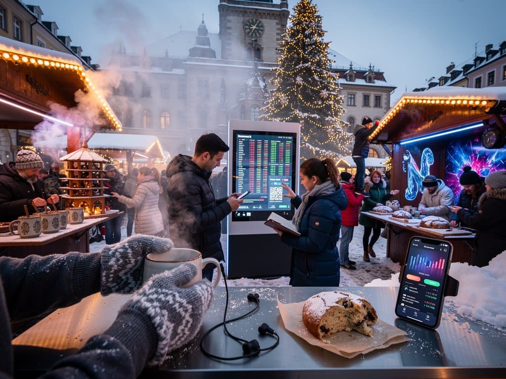 Stollberg Weihnachtsmarkt mit Schwibbögen, Glühwein-Stand und Krypto-Kiosk-Display bei BTC 77k USD