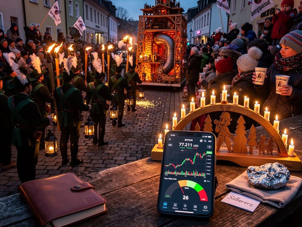 Bergparade im Erzgebirge mit Krypto-Chart auf Smartphone und Fear-Index
