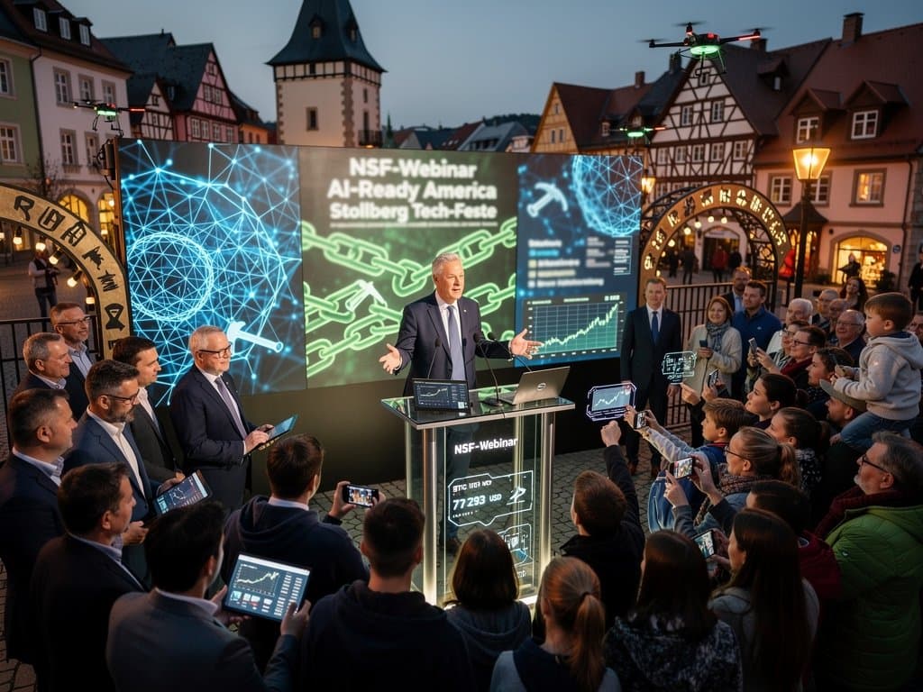 Stollberg Marktplatz mit AI-Tech-Installation, LED-Screens zu Blockchain und Events, historische Kulisse