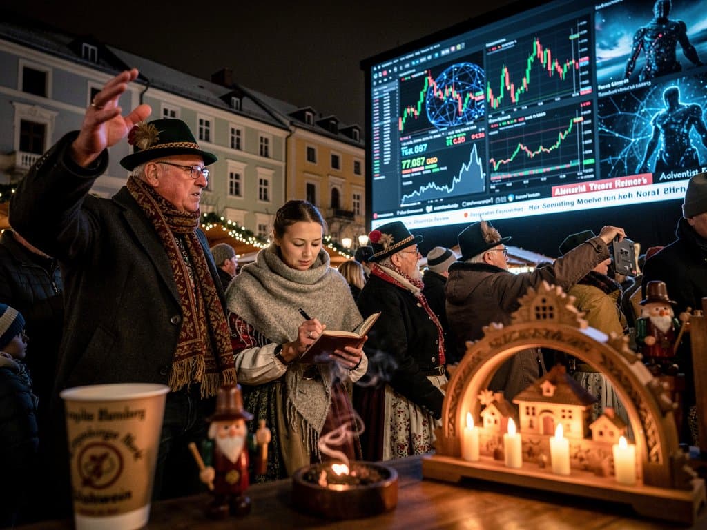 Stollberger Marktplatz mit Schwibbögen, Crypto-Charts und KI-Debatte-Diskussion