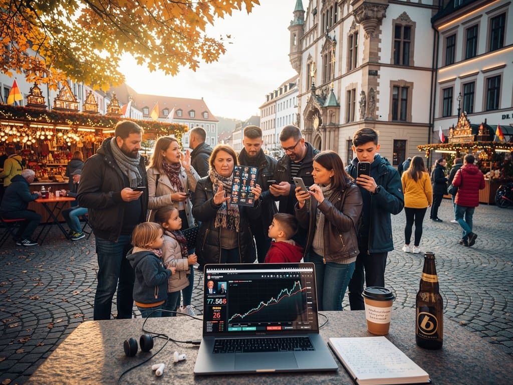 Stollberger diskutieren Fake Pro-Trump Avatare am Rathausplatz mit Krypto-Charts