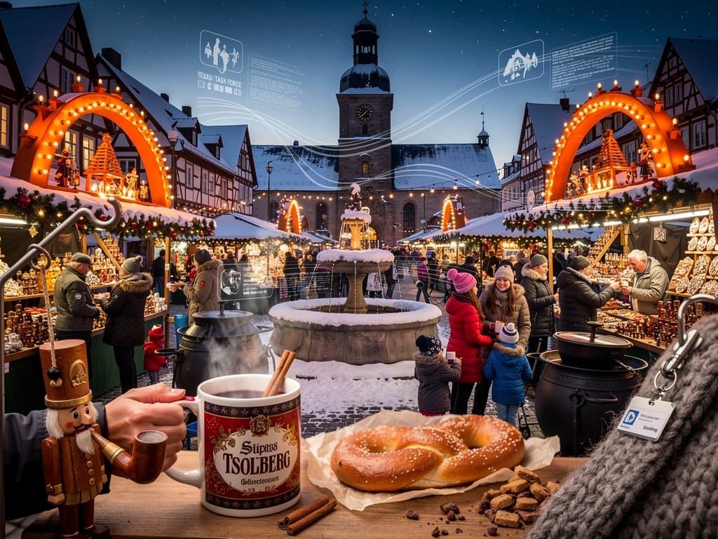 Stollberger Weihnachtsmarkt Marktplatz mit KI-Regulierungs-Overlay, Texas Task Force inspiriert Schutz vor Bias