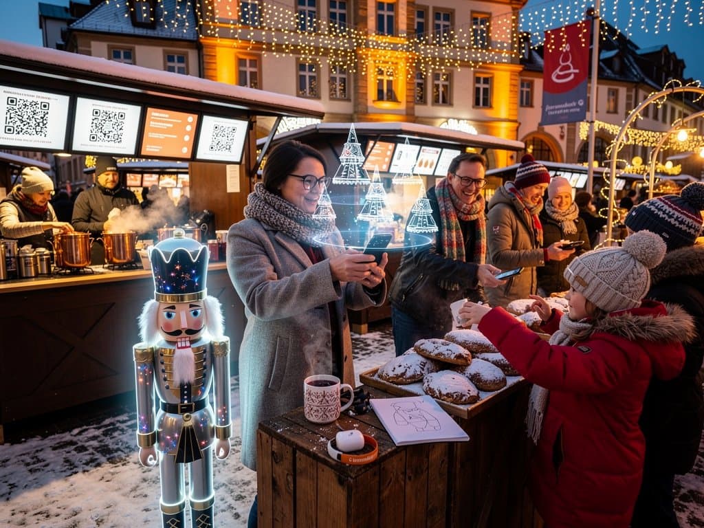 AI-Nussknacker und digitale Pyramiden beim Stollberg Weihnachtsmarkt am Rathausplatz mit Gastronomie-Ständen und Tech-Elementen