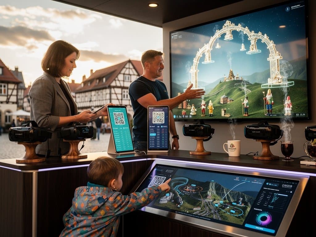 AI-VR-Stand am Stollberg Marktplatz mit Erzgebirge-Folklore-Simulationen, Festatmosphäre und Crypto-Displays