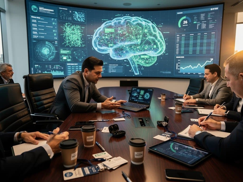 Konferenzraum mit KI-Diagrammen: Regierungsvertreter und Ingenieure diskutieren Mythos-Modell in modernem Setting