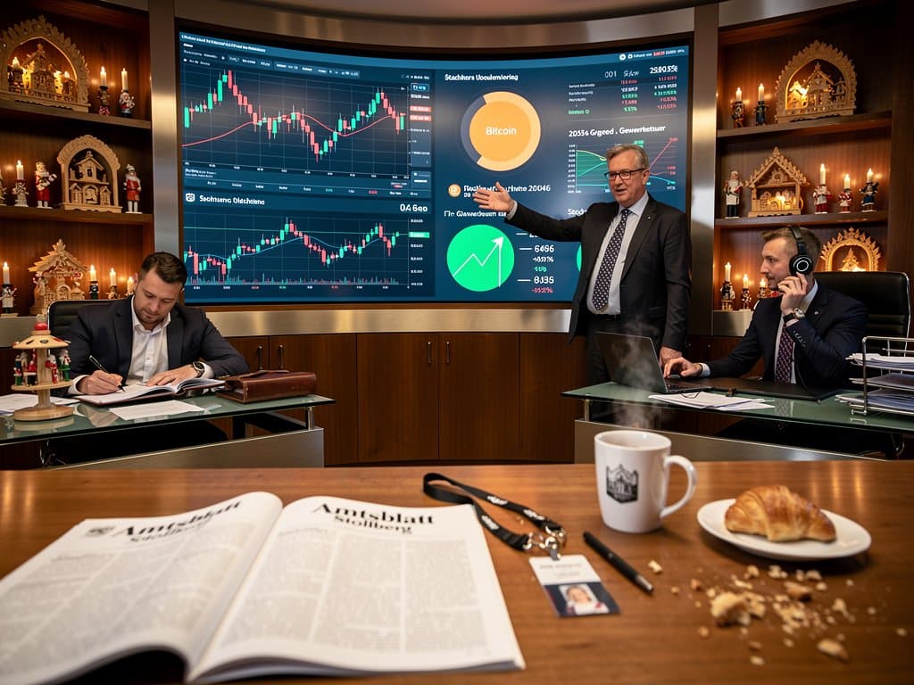 KI Stollberg Schatzamt mit Crypto-Charts und Marktplatz-Blick