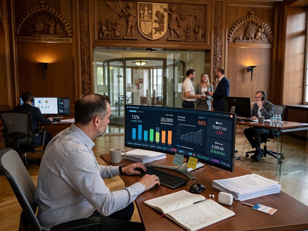 KI Stollberg Finanzabteilung mit Dashboards, Crypto-Charts und Marktplatz-Blick