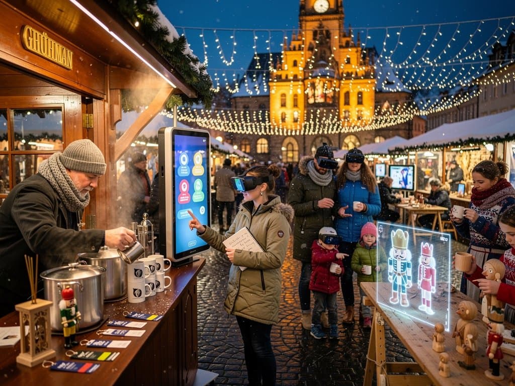 Stollberg Weihnachtsmarkt mit VR-Headsets und Glühwein-Ständen unter Lichterketten