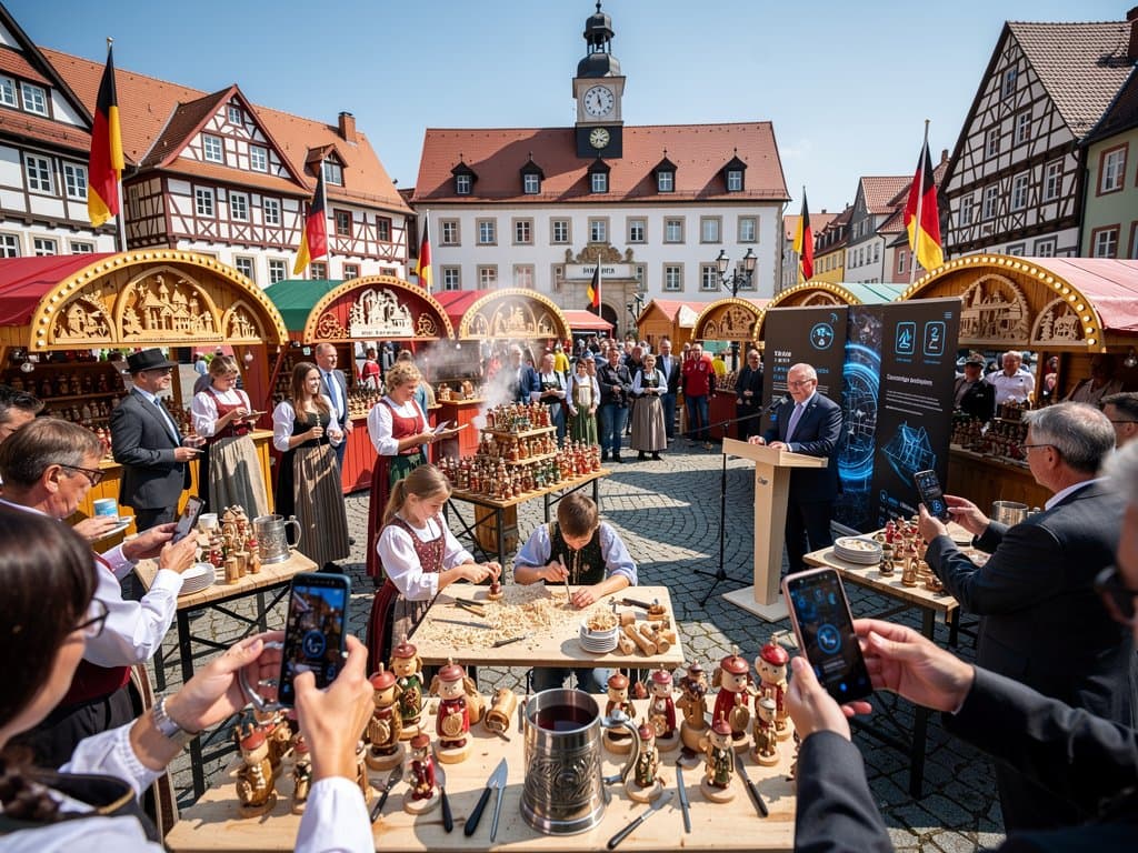 Marktplatz Stollberg beim Handwerksfest: Stände mit AI-inspirierten Holzfiguren und Tech-Demos