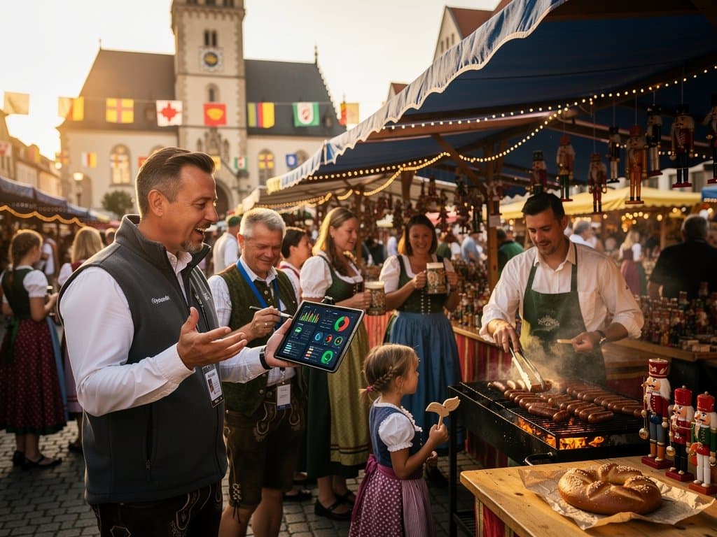 Stollberg Marktplatz Stadtfest mit KI-Dashboard auf Tablet vor Rathaus