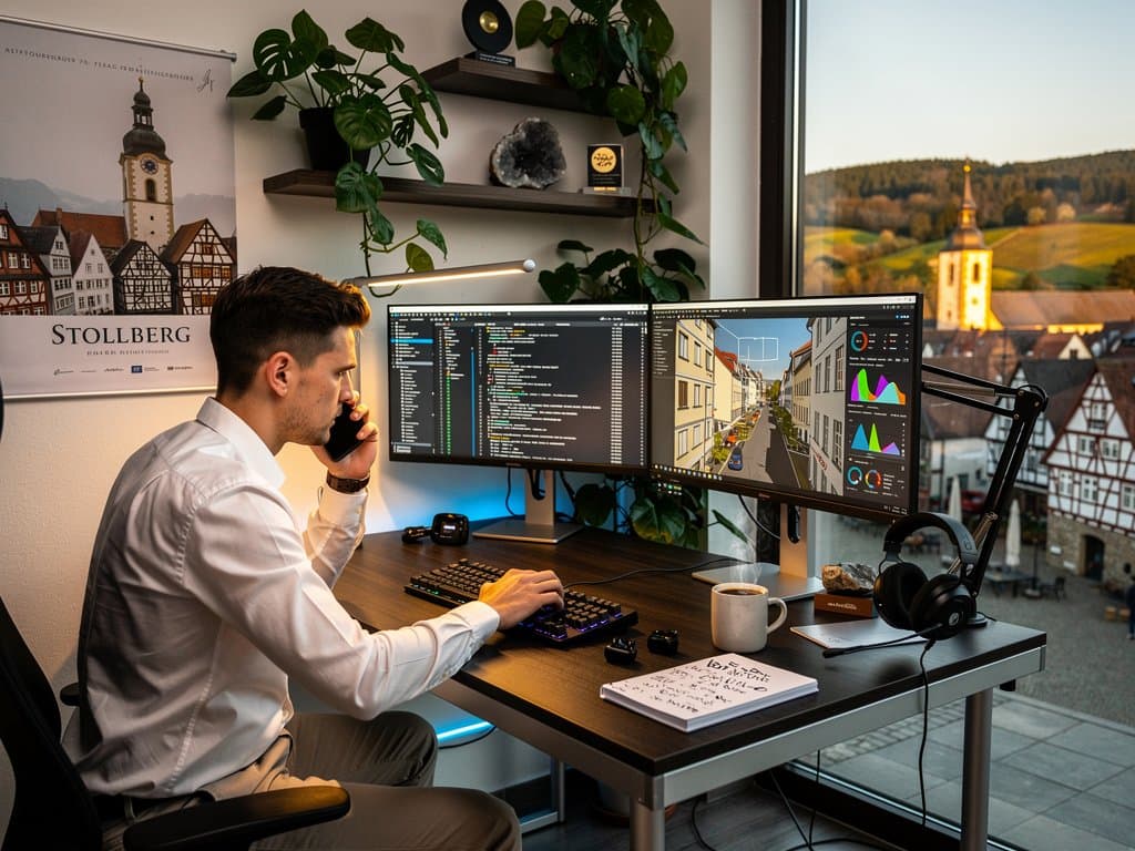 SDR-Home-Office in Stollberg: UpCodes-Datenbanken, BIM-Modelle, CRM auf Monitoren, Erzgebirge-Blick