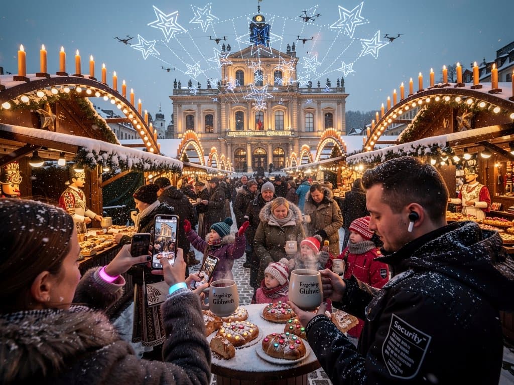 Futuristischer KI-Weihnachtsmarkt am Stollberger Marktplatz mit leuchtenden Schwibbögen und Drohnen-Show