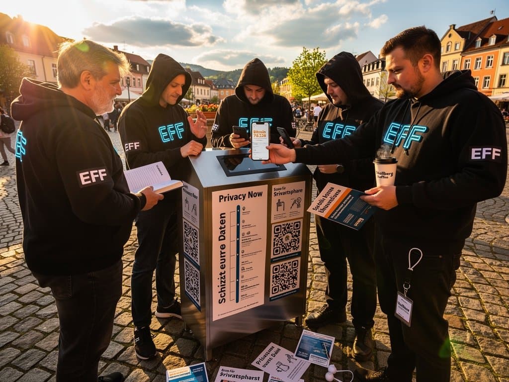 Tech-Aktivisten auf Stollberg Marktplatz diskutieren Section 702 Reform mit Postern und Smartphones vor Rathaus