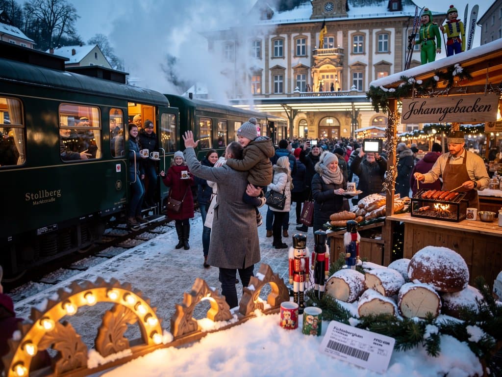 Dampfzug am Stollberg Weihnachtsmarkt mit Shinkansen-Geheimnisse-Tech-Overlay
