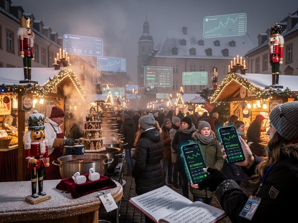 Erzgebirge-Weihnachtsmarkt Stollberg mit AI-Nussknacker-Designs und Crypto-Charts