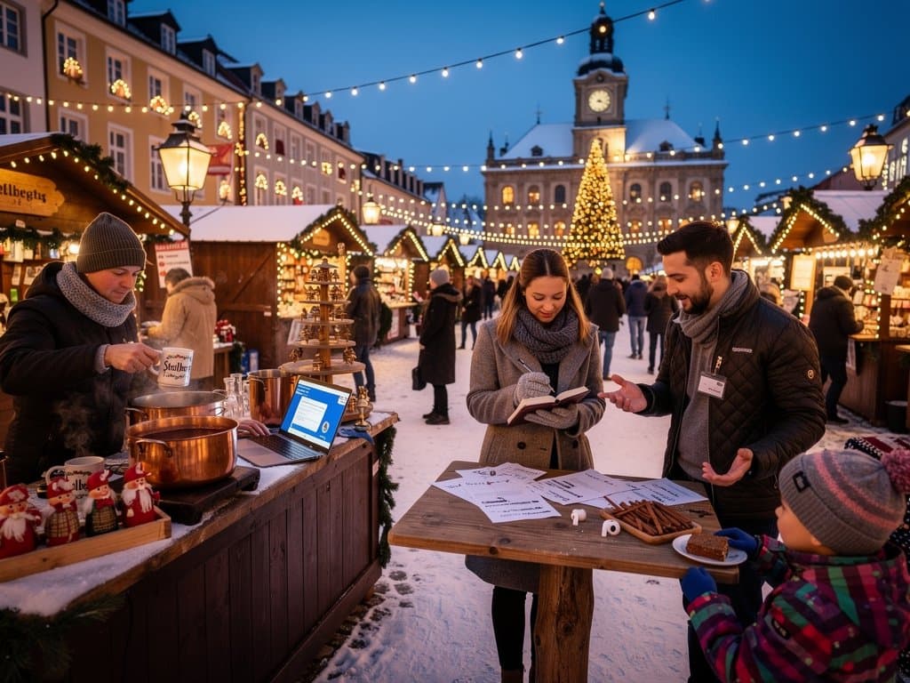 Stollberg Marktplatz Weihnachtsmarkt mit ChatGPT-Planung am Laptop, Schwibbögen und Rathaus im Hintergrund