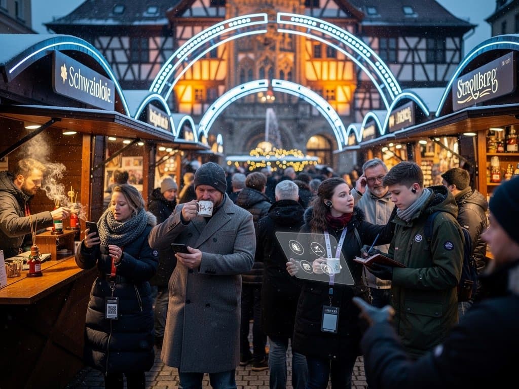 Stollberg Marktplatz mit KI-Schwibbögen und BTC-Tickets beim Weihnachtsmarkt (68 chars)