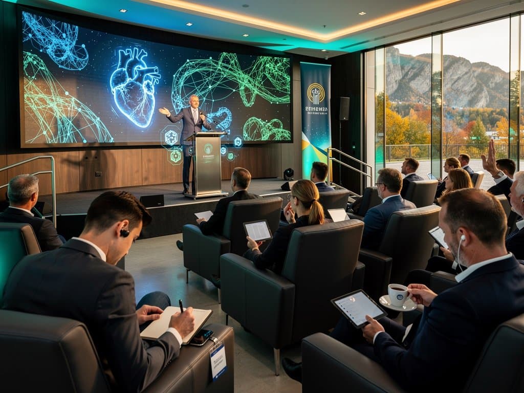 KI-Gesundheitskonferenz im Sachsenpark Chemnitz mit neuronalen Netzen und Blockchain-Visuals