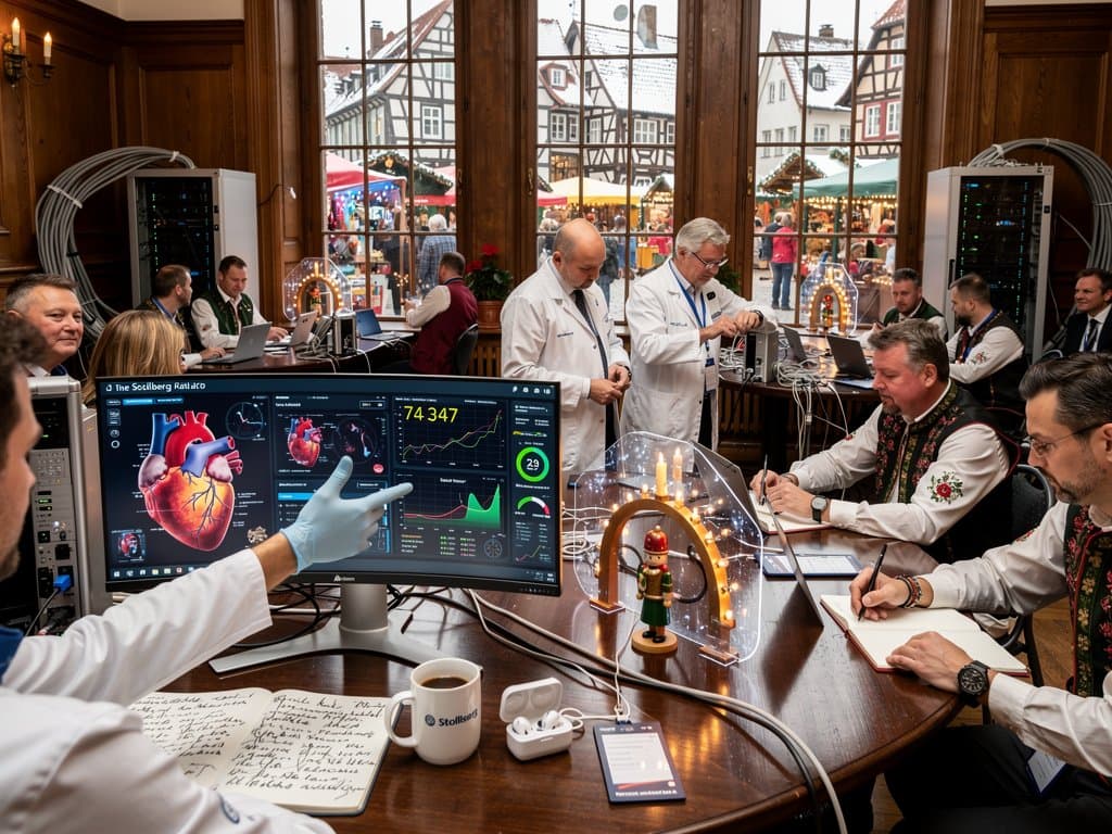 Stollberger Rathaus-Konferenzraum mit AI-Healthcare-Demos, Schwibbögen und Crypto-Charts