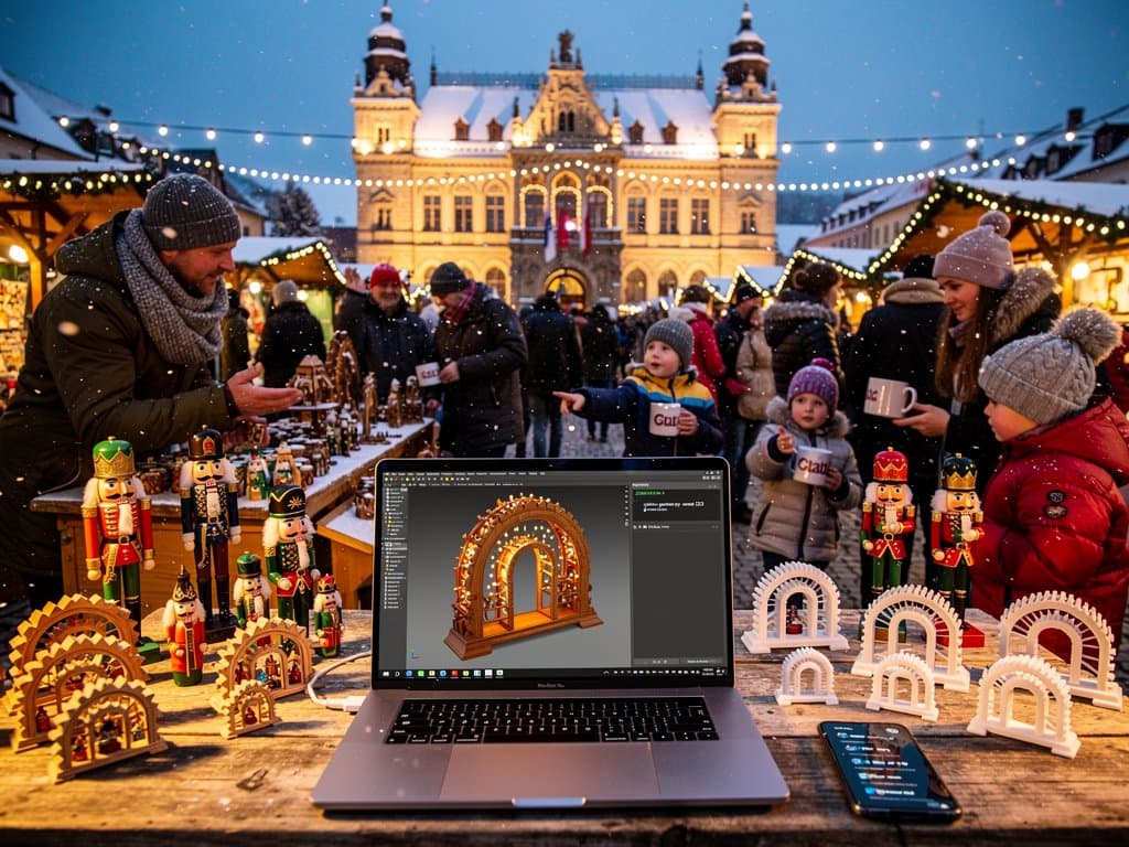 Mac M4 Pro mit 3D-Schwibbogen-Mesh auf Stollberg Rathausplatz, Weihnachtsmarkt-Ambiente