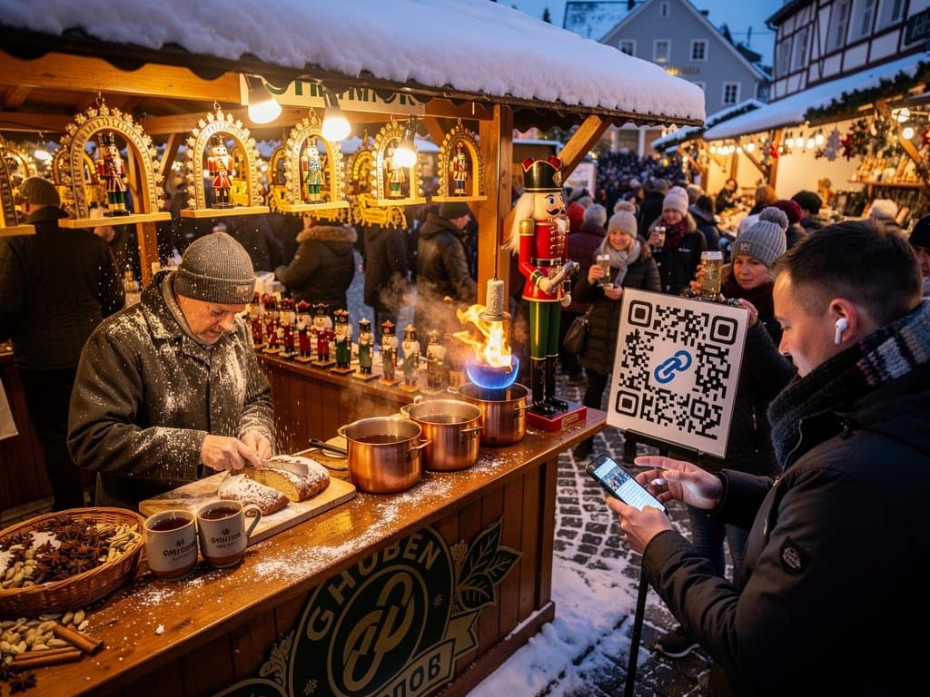 Weihnachtsmarkt Stollberg Rathausplatz mit No Fakes QR-Siegel und traditionellen Ständen