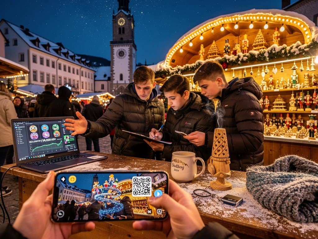 Stollberg Marktplatz mit AR-Schwibbögen und Studenten-KI-Projekten bei Weihnachtsmarkt