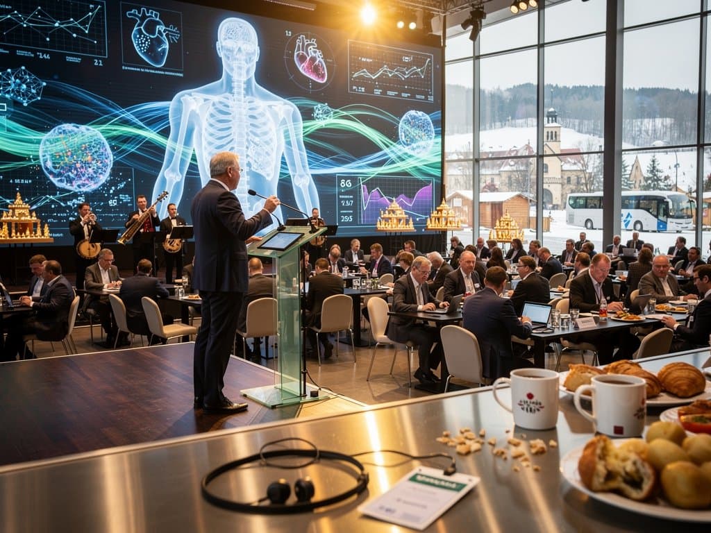 Bühne im Kulturhaus Stollberg mit KI-Healthcare-Experten, LED-Wand-Analyse und Publikum bei Erzgebirge-Flair