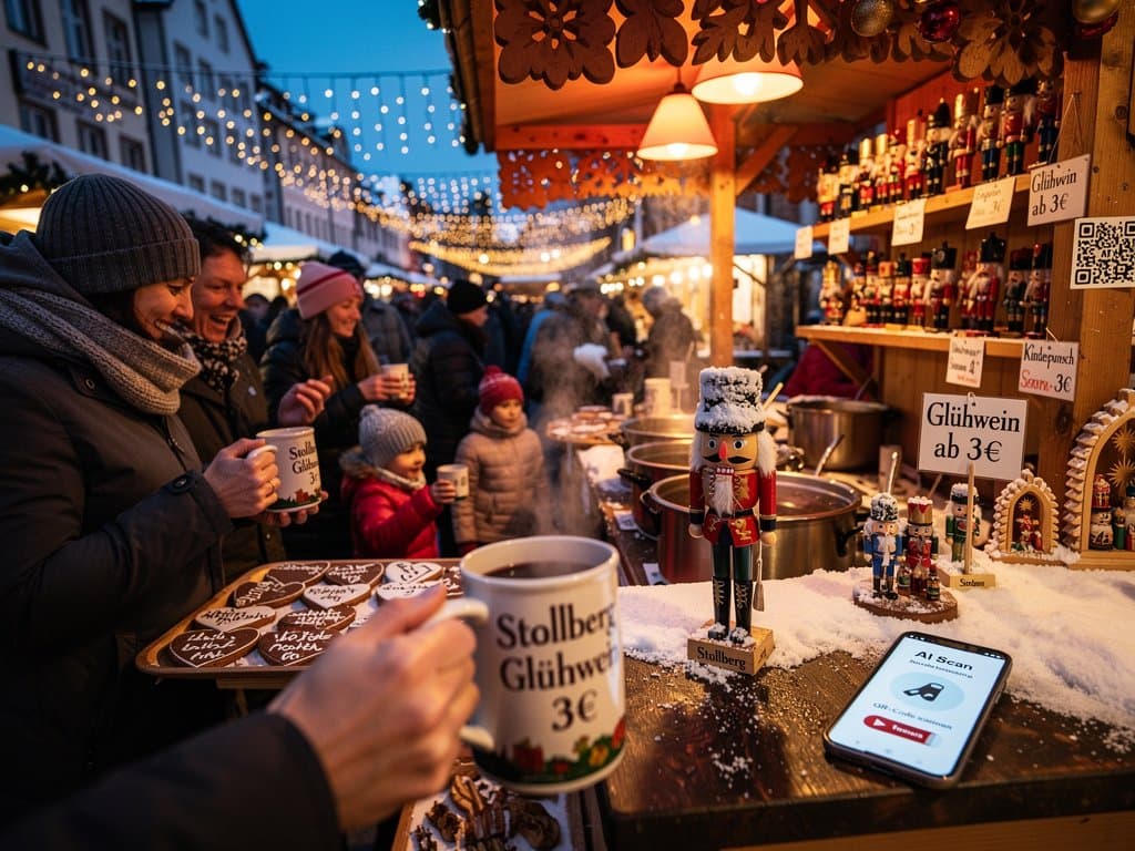 Stollberger Weihnachtsmarkt mit Schwibbögen, AI-Apps auf Smartphones, Glühwein-Stände, Rathausplatz