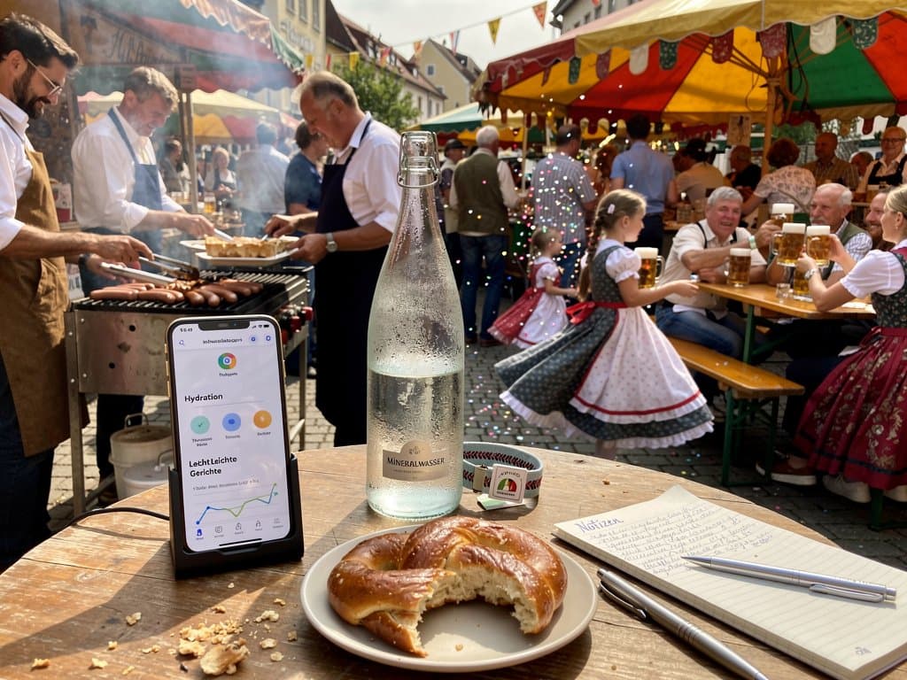 Stollberger Kerb auf Marktplatz mit Festivalständen, Smartphone mit AI-App im Vordergrund, Erzgebirge-Kulisse