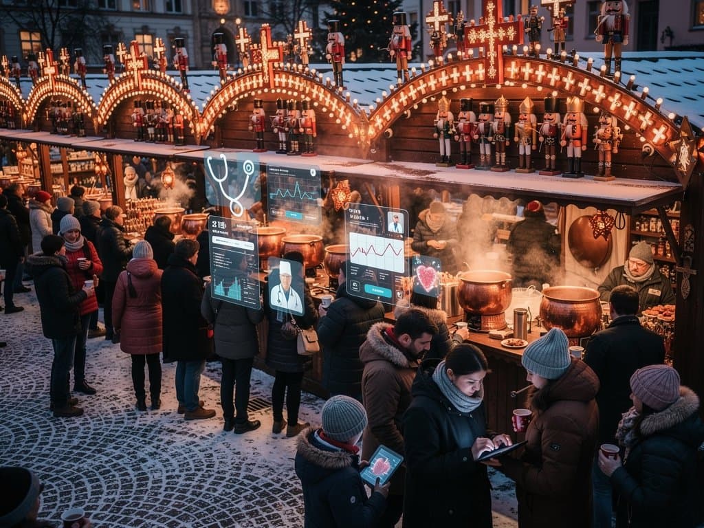 Stollberg Weihnachtsmarkt mit KI-Telemedizin-QR-Codes und Blockchain-Elementen
