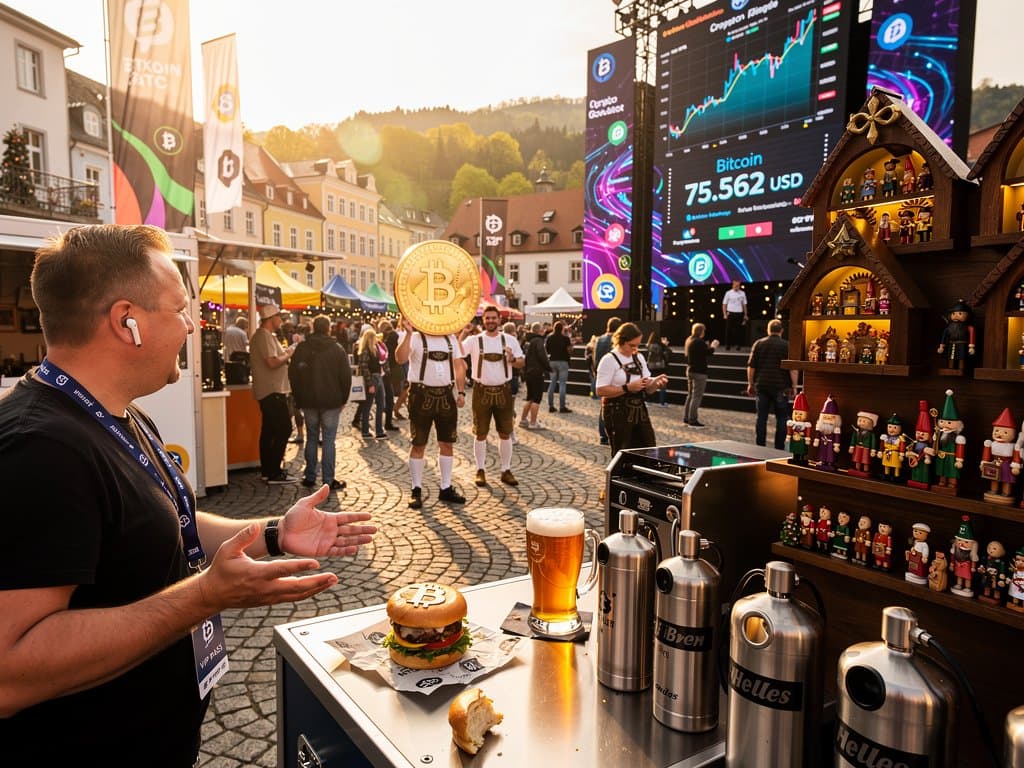 Crypto Fest auf Stollberg Marktplatz mit Bitcoin-Preis-Screens, Food-Trucks und Erzgebirge-Traditionen