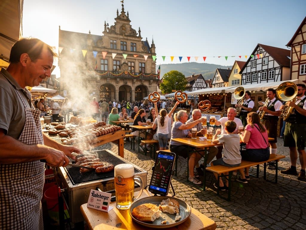 Stollberg Marktplatz-Fest mit Bratwurst-Ständen und Crypto-Chart-Bildschirm vor historischem Rathaus