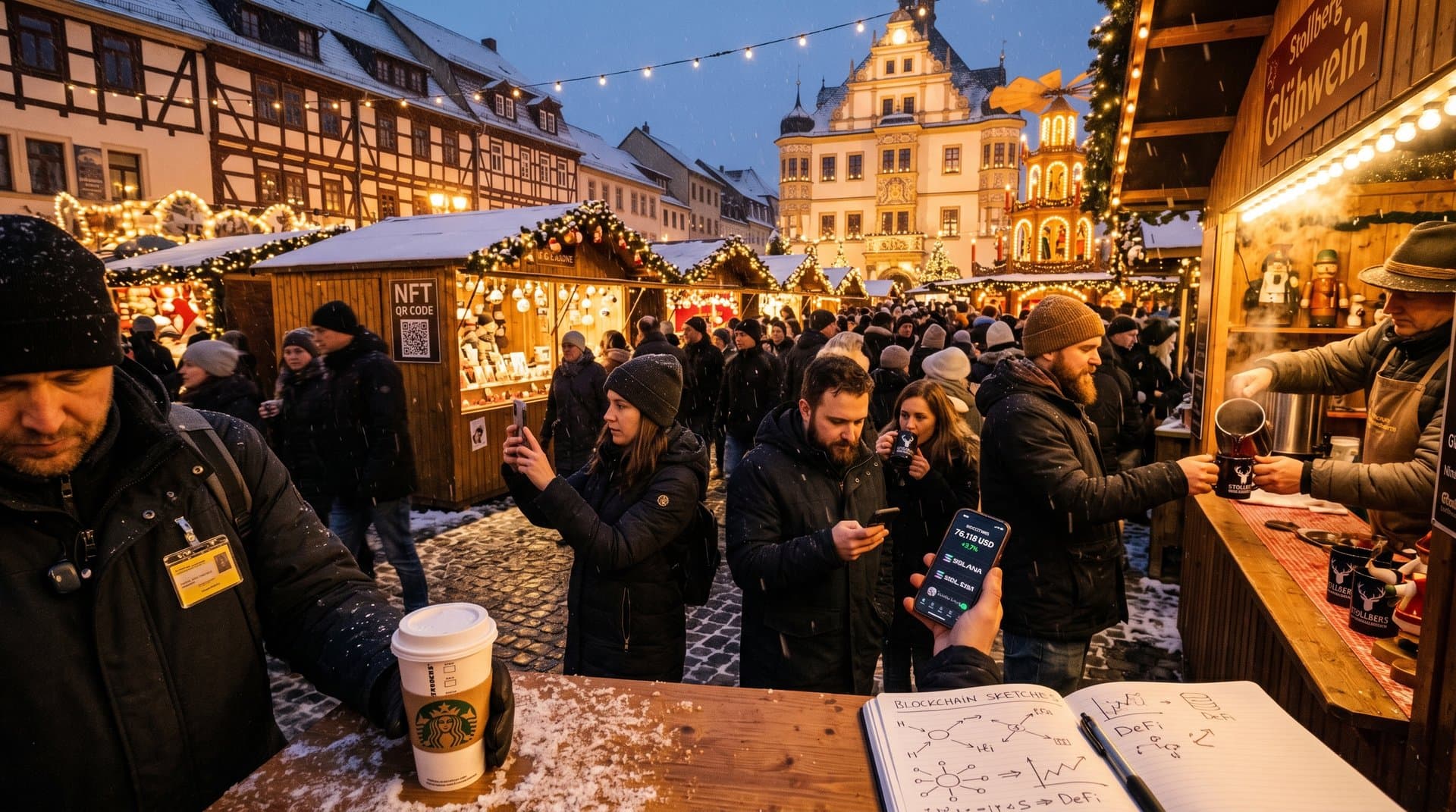 KI-optimierter Weihnachtsmarkt auf Stollberg Marktplatz mit Blockchain-Elementen